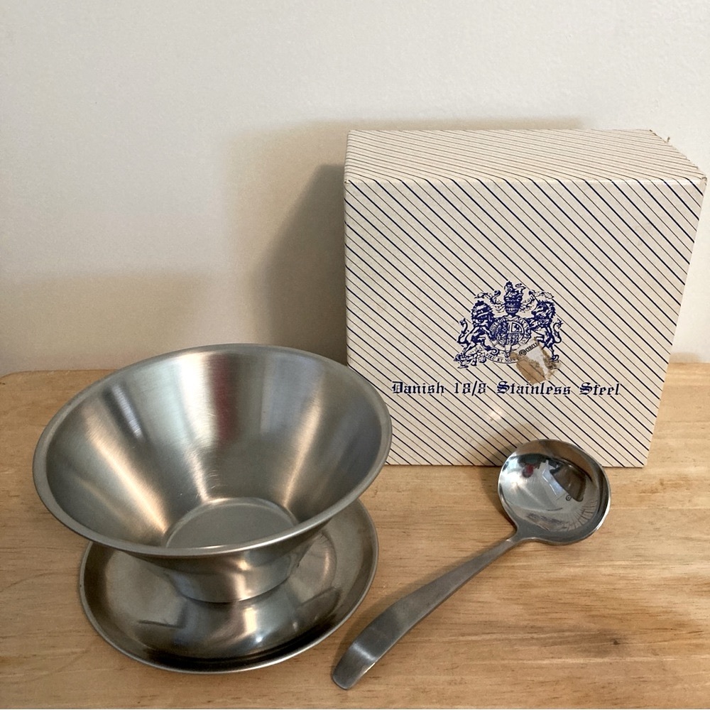 Vintage Danish 18/8 Stainless Steel Sauce Bowl with Ladle